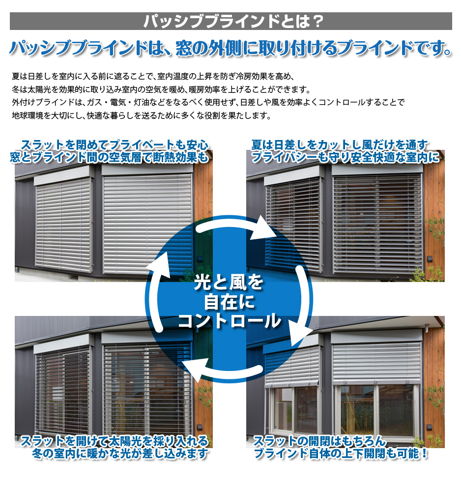 パッシブブラインドとは？　パッシブブラインドは、窓の外に取り付けるブラインドです。